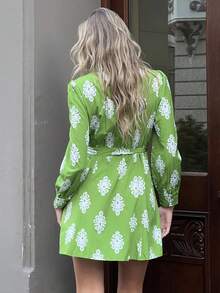 SHEIN PariChic Casual All-Over Print Button Front Shirt Dress, Autumn - Green - View 2