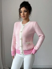 Elenzga Nouveau cardigan tricoté à manches longues, col rond, élégant, de haute qualité, polyvalent, pour soirée, en automne/hiver pour femmes