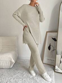 EURMUSE 2pcs Women Side Slit Top And Pants Set - Beige - View 4