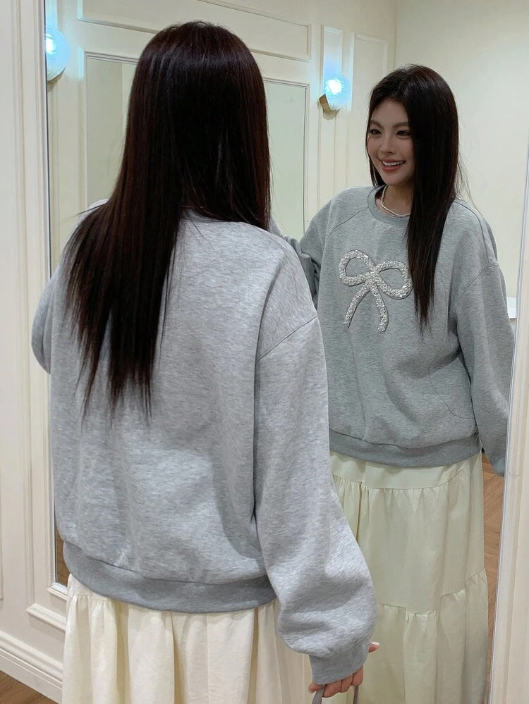 Dazy Plus Thickened Fleece Autumn/Winter Plus Size Sweatshirt For Women, Bow & Rhinestone Decor, Casual Loose Fit, Plus Size
