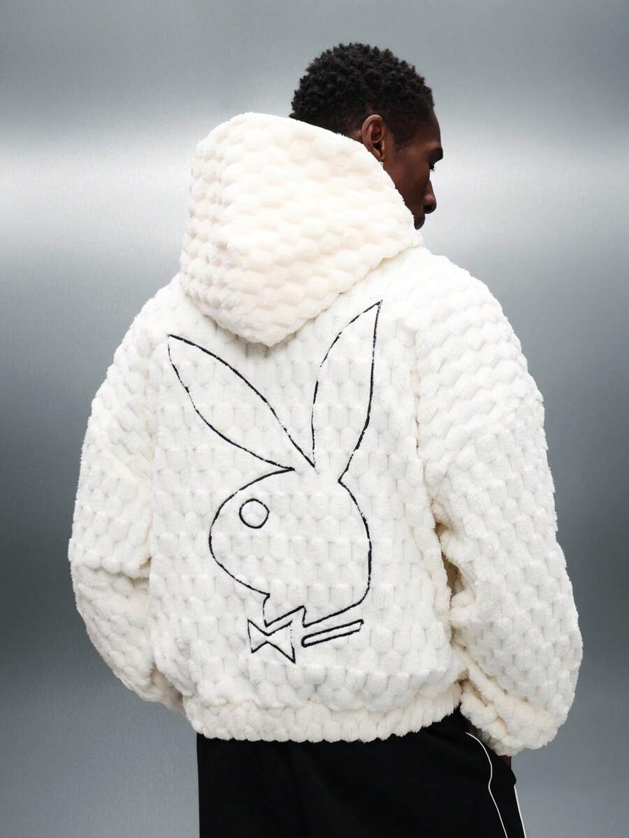 PLAYBOY X SUMWON Áo hoodie lông cừu Sherpa cỡ lớn có logo chú thỏ, áo nỉ trùm đầu mùa đông siêu mềm, ấm áp, mặc thường ngày, dạo phố - trắng - Xem 1