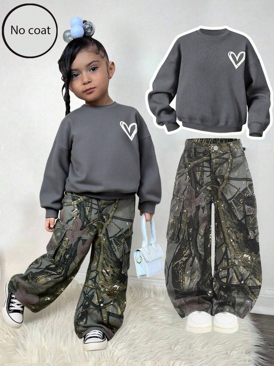 SHEIN Young Girl Y2K 迷彩與樹枝印花寬鬆版型拉鍊牛仔褲,秋季服飾、冬季服飾、街頭穿搭、返校穿搭 - 軍綠色 - 查看 1
