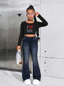 SHEIN 少女Y2K时尚休闲喇叭裤，星形图案，镶钻装饰，适合秋季返校季穿着。 - 深色水洗藍 - 查看 3