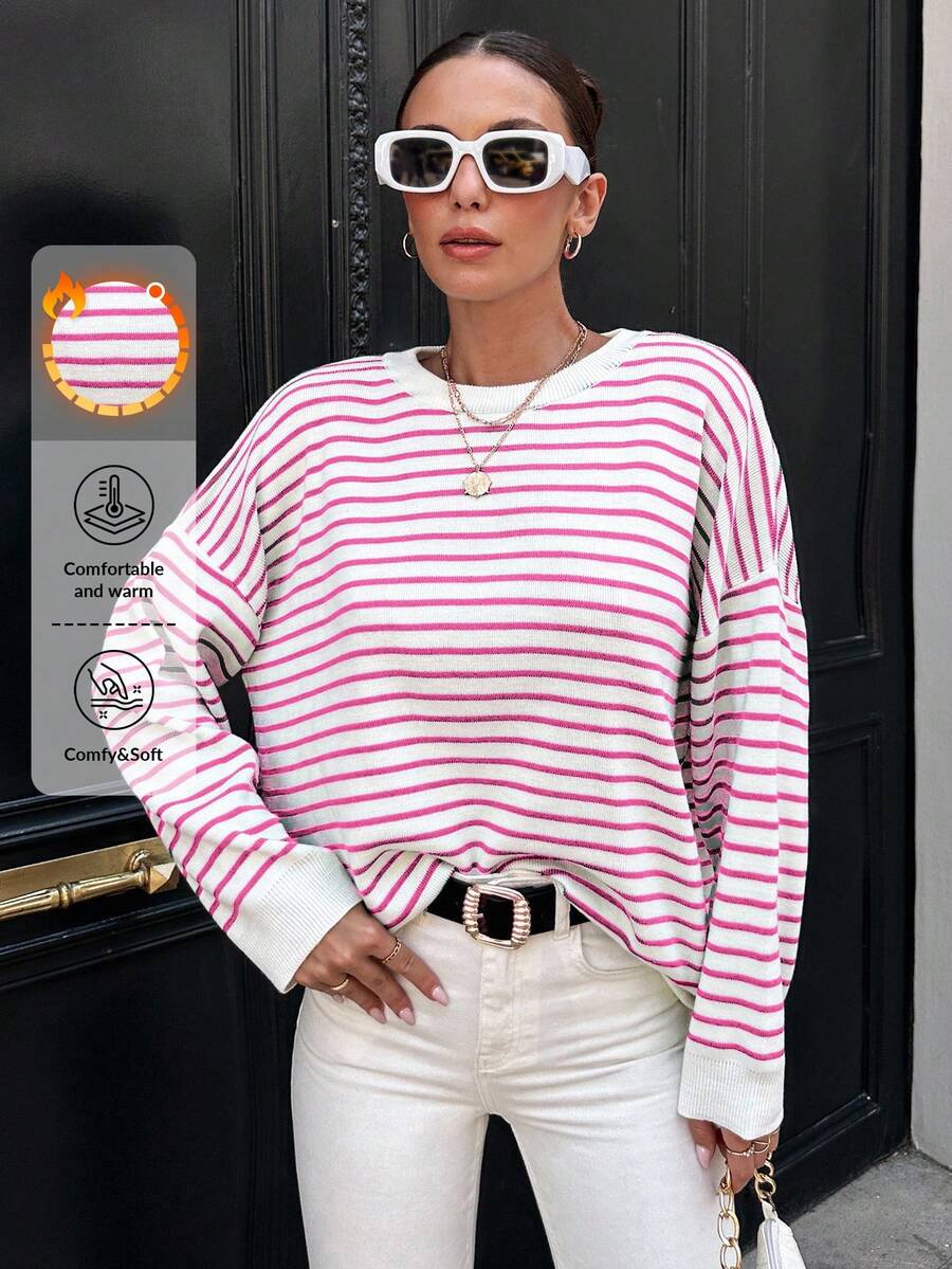 EURMUSE Striped Pattern Drop Shoulder Sweater - Hot Pink - View 1