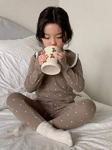 DAZY Bộ đồ ngủ áo và quần cổ Peter Pan in họa tiết chấm bi cho bé gái - Xám - Xem 2