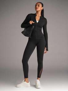 SHEIN BAE Workout Leggings Seamless Tummy Control Mesh Insert Compression Tights With Side Phone Pocket - Black - View 7