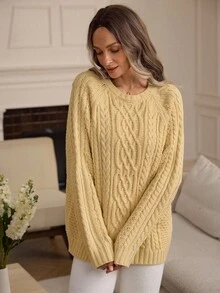 Louniche Damen Vintage Twist Seil Zopfstrick Rundhals Pullover, Herbst/Winter - Aprikosenfarben - Übersicht 3