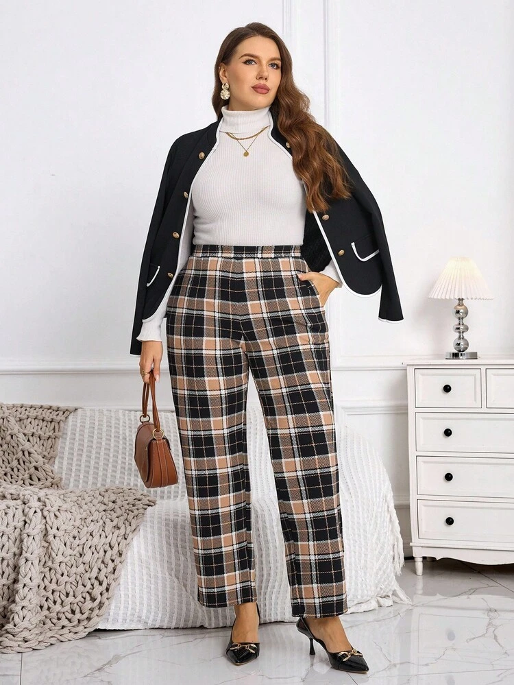 Plus Size Women High Waist Plaid Pocket Tapered Casual Pants New Year Look Maija Fall Winter 2025 Fall/Winter Party Elegant Dress Women Elegant Dress Women