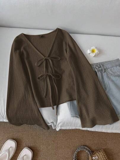 SHEIN LUNE 女式休闲纯色系带喇叭袖上衣