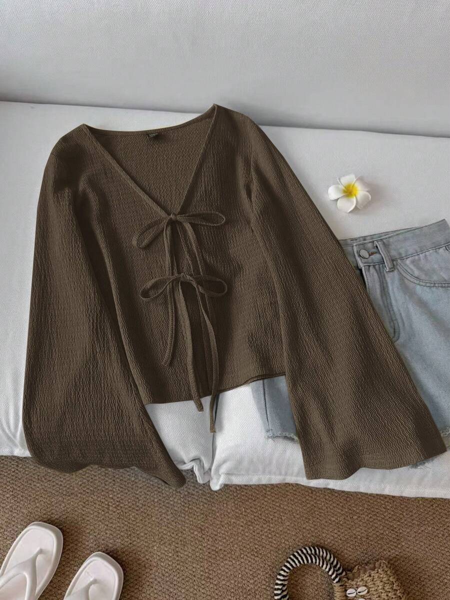 SHEIN LUNE Áo nữ tay loe màu trơn dáng rộng, thắt nơ, màu nâu, màu cà phê, phong cách cottagecore, màu nâu sô cô la, kiểu dáng thường ngày. - màu nâu - Xem 1