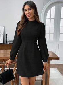 EMERY ROSE 女式纯色中式立领灯笼袖休闲迷你连衣裙 - 黑色 - 查看 3