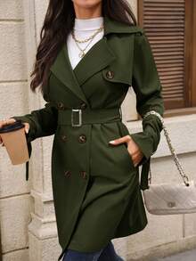 EMERY ROSE Women's Solid Color Lapel NeckLong Sleeve Double-Breasted Casual Commuter Trench Coat, Autumn - Army Green - View 7
