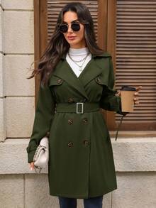 EMERY ROSE Women's Solid Color Lapel NeckLong Sleeve Double-Breasted Casual Commuter Trench Coat, Autumn - Army Green - View 8