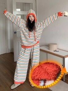 DAZY 2 件套女士彩色条纹连帽宽松针织长袖上衣和裤子睡衣套装，冬季，秋季衣服