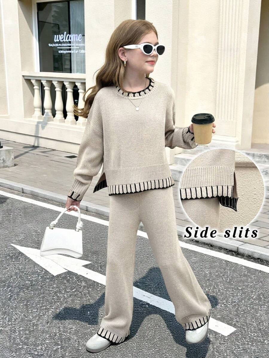 SHEIN Serisse Kids Tween Girl Casual Fashion Versatile Contrast Trim Pullover Sweater And Loose Knit Pants Set, Suitable For Weekend, Casual Outing, Back To School, Suitable For Winter, Casual, Preppy, Cute & Casual & Vintage, Great For Autumn/Winter Casual, Daily Wear, School,Khaki Pullover Long-Sleeved Trouser Suit - Khaki - View 1