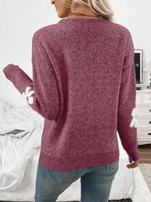 EMERY ROSE Women's Casual Fluffy Flower Pattern Round Neck Drop Shoulder Long Sleeve Knit Pullover Sweater, Autumn/Winter - Maroon - View 2