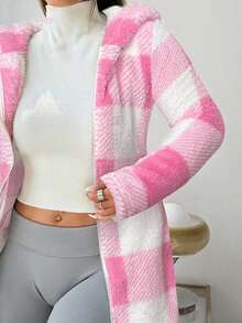 SHEIN EZwear 女士休闲格子连帽保暖外套，秋冬粉白外套，舒适秋季 - 粉色 - 查看 7