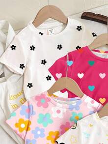 SHEIN Happikins 4pcs/Set Baby Girl Casual Floral, Heart & Polka Dot Print Round Neck Short Sleeve T-Shirts, Suitable For Spring/Summer Fall - Multicolor - View 5