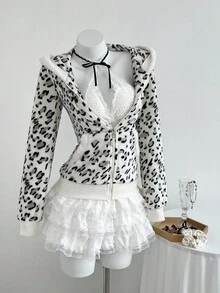 Elamini 1 件黑白休闲可爱撞色法兰绒保暖内衬印花豹纹心形拉链柔软运动衫夹克女款，开学季 - 黑與白 - 查看 3