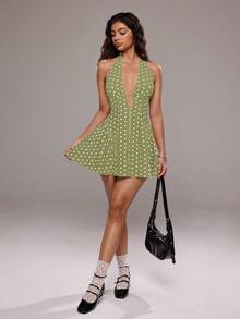 TRNVIE Women's Polka Dot Print Sexy V-Neck Backless Mini Dress