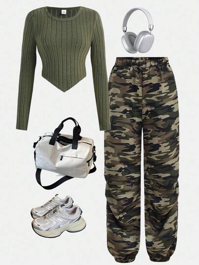 SHEIN Girlism 2 件套青少年女孩休闲针织长袖上衣和迷彩印花裤，运动服