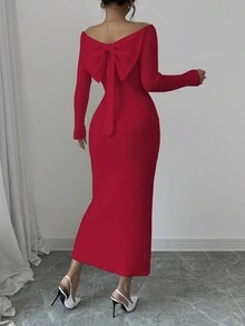 Elenzga Vestido de punto elegante de unicolor, ajustado, con hombros descubiertos, espalda descubierta y lazo, para otoño - Rojo - Ver 2
