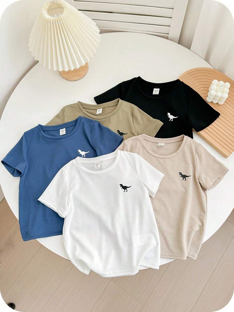 SHEIN 5pcs/Set Young Boys Cute & Cozy Dinosaur Print Round Neck Short Sleeve T-Shirt, Multipack, School, Campus, College - Multicolor - View 1