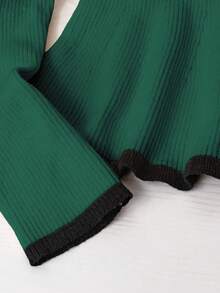 Franclia French Elegant Square Neck Stretchy Fitted Long Sleeve Knit Sweater, Contrast Trim, Suitable For Back To School Season, Apricot, Beige, Black, Cute Ruffle Hem Knit Top For Daily Wear, Autumn/Winter - Dark Green - View 5