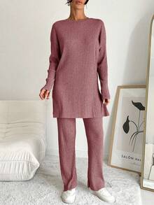 EURMUSE 2pcs Women Casual Side Slit Long Sleeve Top And Pants Set, Autumn - Dusty Pink - View 3