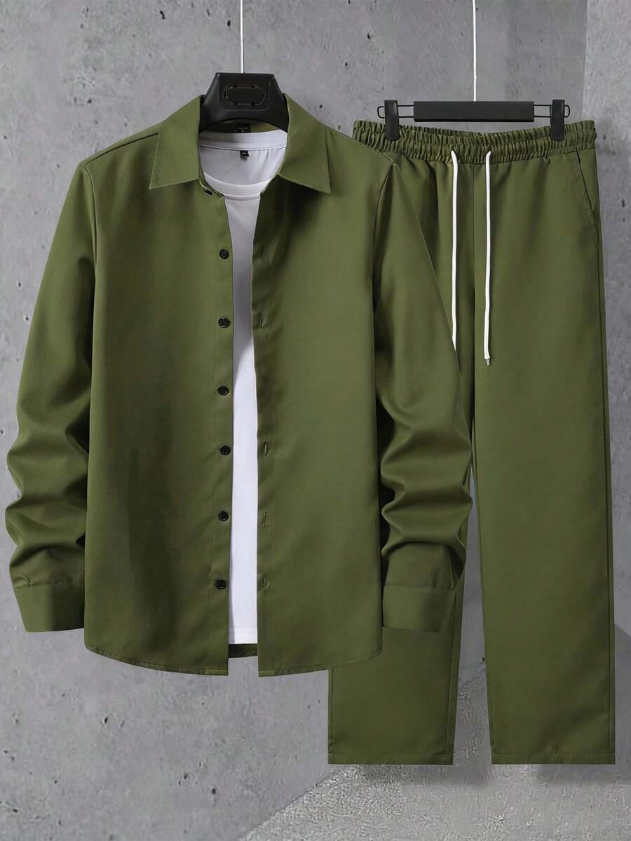Manfinity Homme 男士纯色长袖单排扣衬衫和抽绳腰裤休闲两件套 - 軍綠色 - 查看 1