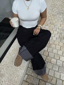 Dripcurv Quần jean ống rộng túi cài nút thường ngày cỡ lớn dành cho nữ - Rửa tối - Xem 3