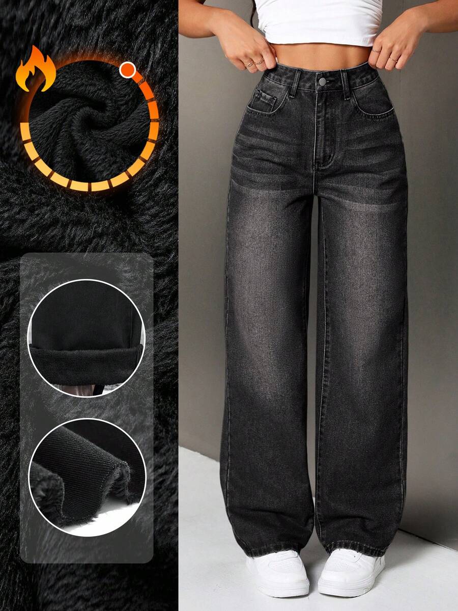 SHEIN Tall 女式宽松做旧牛仔裤，带斜口袋，保暖，适合秋冬穿着 - 黑色 - 查看 1