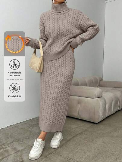 EURMUSE Women's Casual Solid Color Turtleneck Sweater And Knit Skirt 2 Pieces Set, Autumn/Winter,Petite