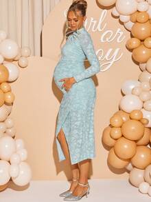 Loomaby 孕妇优雅花卉图案开叉长袖连衣裙，秋季 - 藍色 - 查看 6