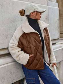 SHEIN Cottnline Padded Jacket With Fur Collar And Patchwork, Two Pockets At Front, Snap Buttons, Quilting Details Streetwear - Brown - View 4