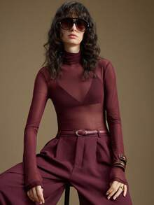 Ontre 2026春夏新款女士透视网纱高领上衣，简约百搭商务休闲办公服饰 - 中紫紅色 - 查看 2