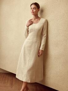 MOTF PREMIUM TWEED CONTRAST SEQUIN SLIM WAIST MIDI DRESS - Apricot - View 5