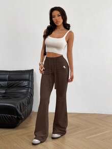 SHEIN EZwear Women's Casual Versatile Embroidered Drawstring Waist Flare Sweatpants Brown Pants Flared Sweatpants Brown Bottoms Women Bell Bottom Pants,Fall,Fall Clothes For Women - Brown - View 4