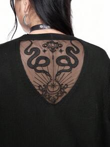 ROMWE Goth 大码女式哥特式花卉蛇纹印花网眼拼布薄开衫 - 黑色 - 查看 2
