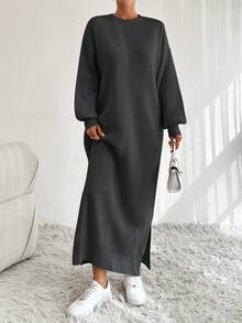 EURMUSE Women Solid Drop Shoulder Split Side Sweater Dress - Dark Grey - View 4