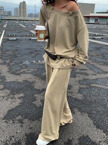 DAZY Conjunto casual de dos piezas para mujer con sudadera con capucha de manga larga asimétrica de unicolor y pantalones de pierna ancha con cordón en la cintura, traje de chándal para otoño/invierno