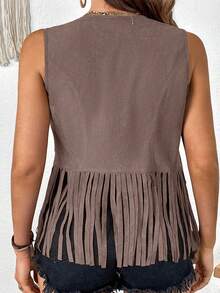 SHEIN VCAY Plus Size Women Western Style Hollow Design Fringe Hem Open Front Vest Jacket - Mocha Brown - View 2