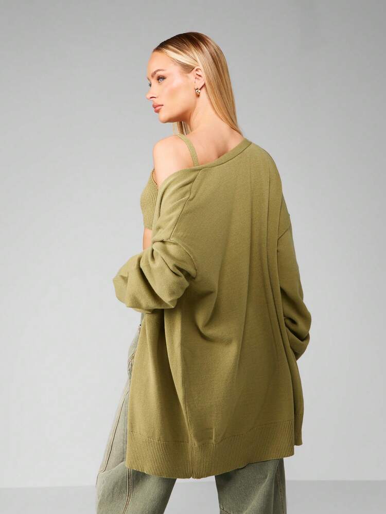 MISSGUIDED Gerippter Bralette und langärmeliger Strickjacken-Strickset für Herbst/Winter, Loungewear, kuschelig weiche Textur, Zweiteiler, oversized Pullover Kollektion, Weihnachten