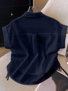 Airaco 女式骑士刺绣蝙蝠短袖侧抽绳设计休闲衬衫 - 藏蓝色 - 查看 2