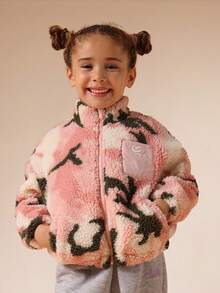 SUMWON Cozy Fluffy Teddy Sherpa Camo Pattern Winter Jacket Full Zip Borg Coat Plush Outerwear Warm Casual Daily Wear Front Pocket Zip Through Vacation - Pink - View 2