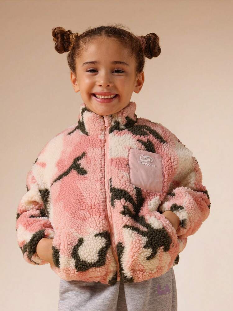 Pink Camo Sherpa Teddy Jacket With Front Zip