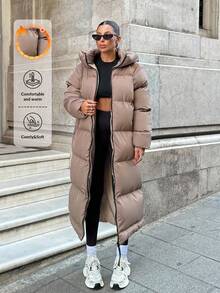 SHEIN Cottnline Plus Size Kontrastfärgad Dragkedja Och Dragkedja Detaljerad, Värmande Funktion Lång Linje Puffer Vinterkappa - Mockabrun - Visa 6