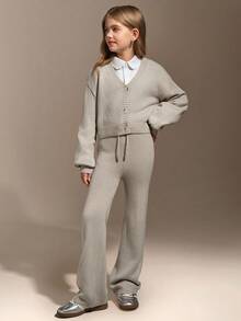 Hanevo Tween Girls' Fashionable Simple Knitted Cardigan And Pants Set - Grey - View 4