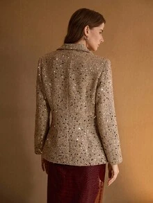 MOTF PREMIUM SEQUINS LAPEL COLLAR D-RING BELT COAT - Khaki - View 3