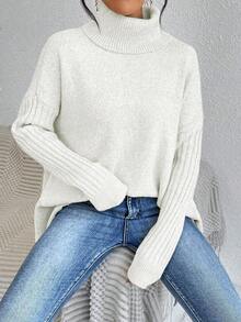 EMERY ROSE High Neck Front Short Back Long Casual Long Sleeve Pullover Sweater - Beige - View 6